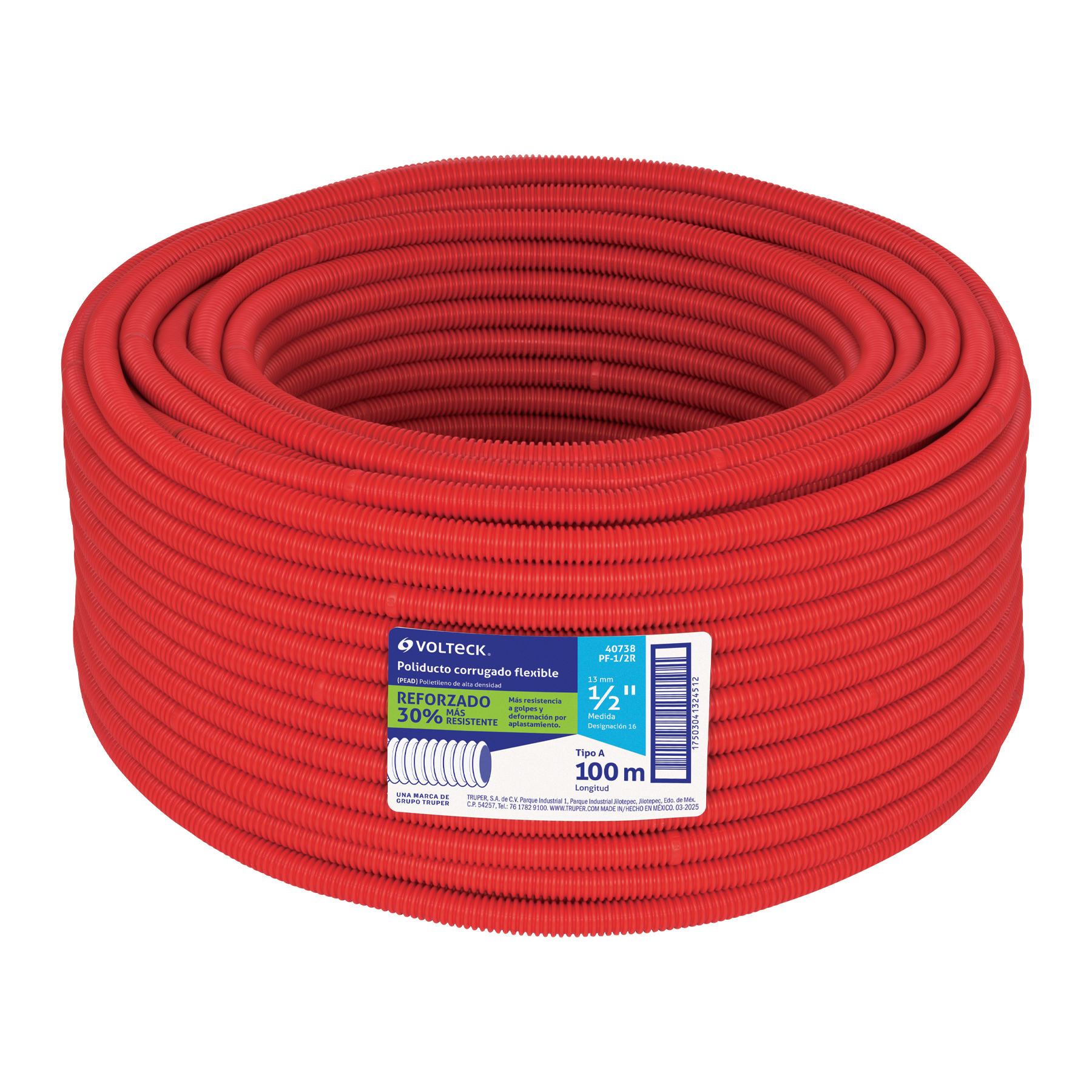 Metro de poliducto 1/2' corrugado flex. reforz. s/guía, 100m