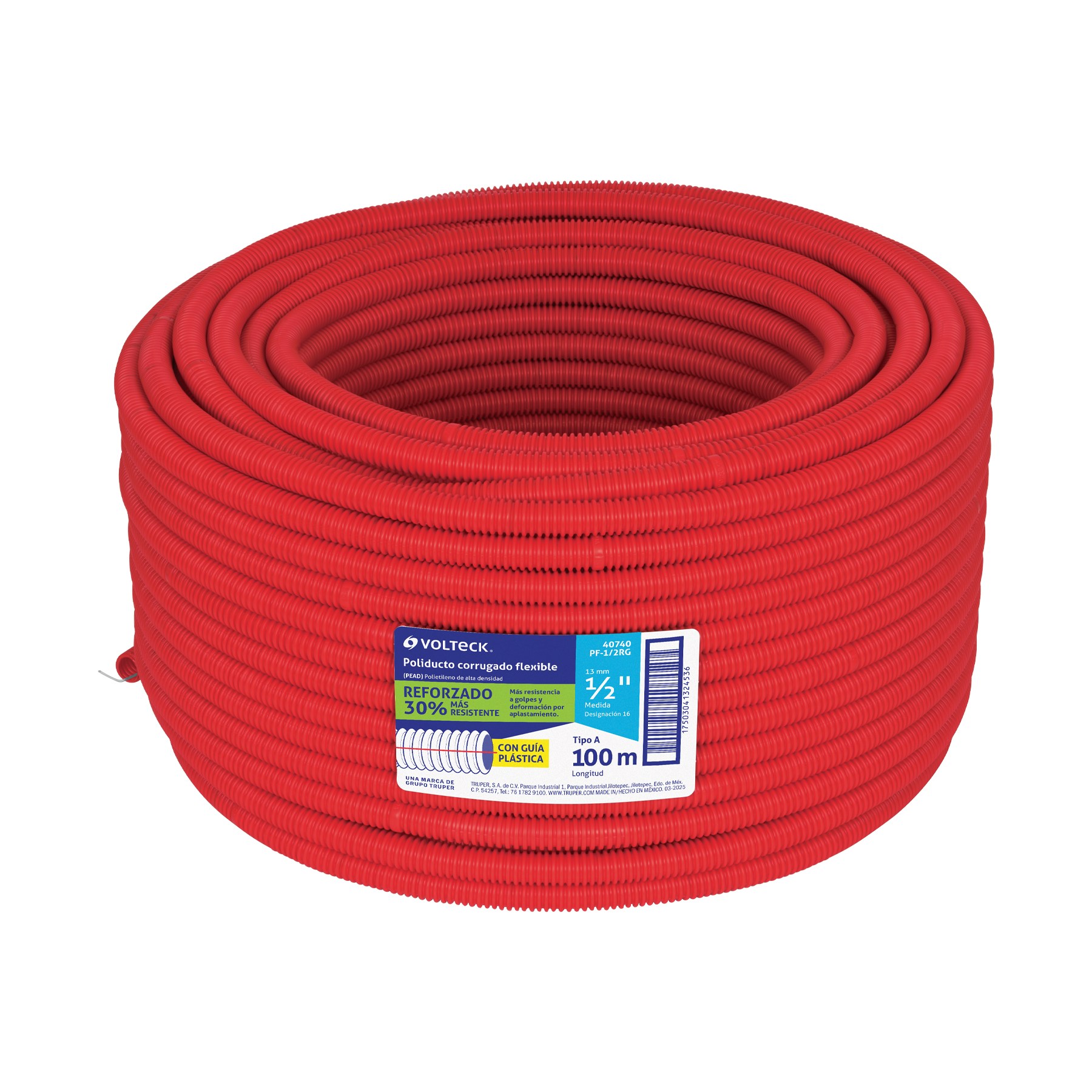 Metro de poliducto 1/2' corrugado flex. reforz. c/guía, 100m