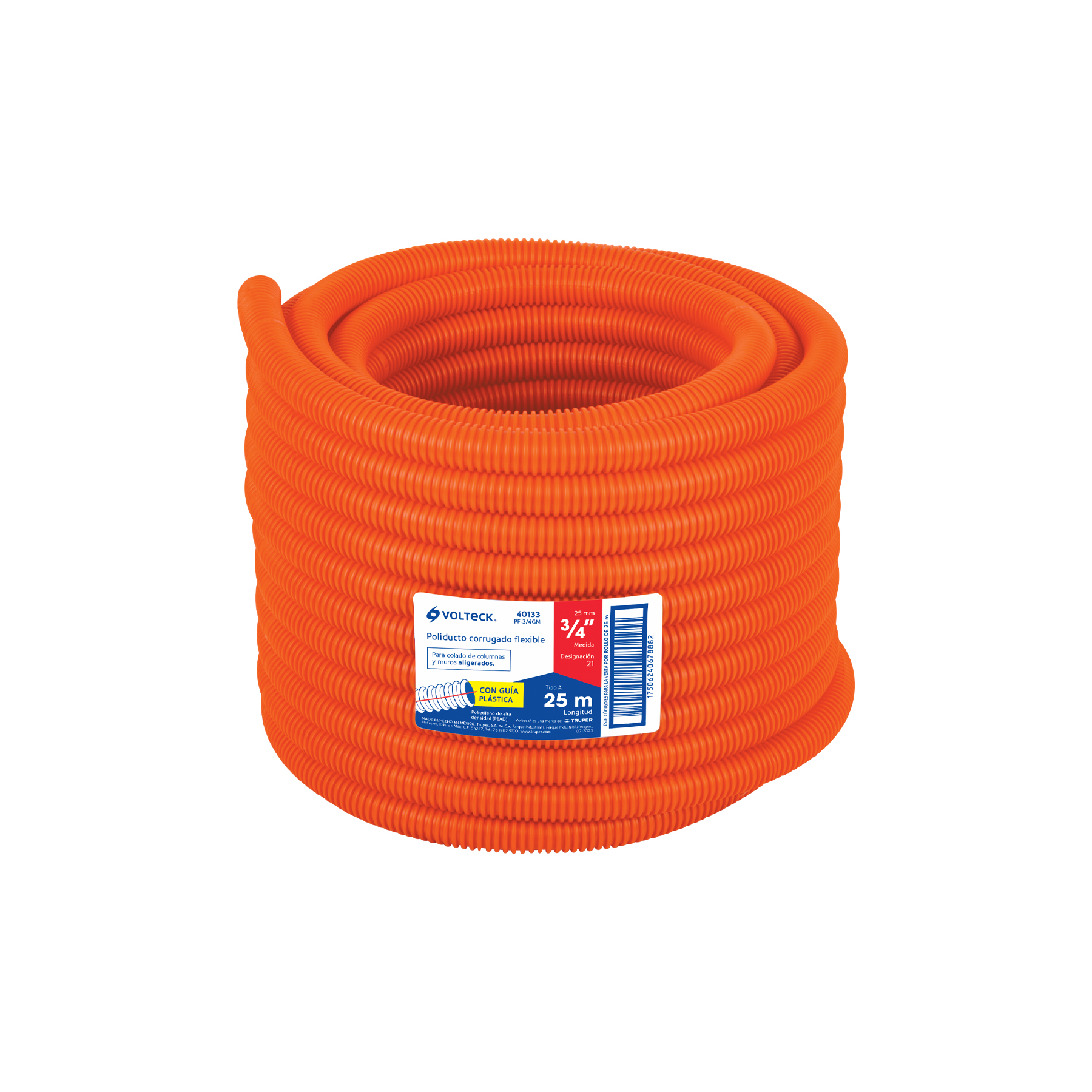 Metro de poliducto 3/4' corrugado flex. c/guía, rollo 25 m