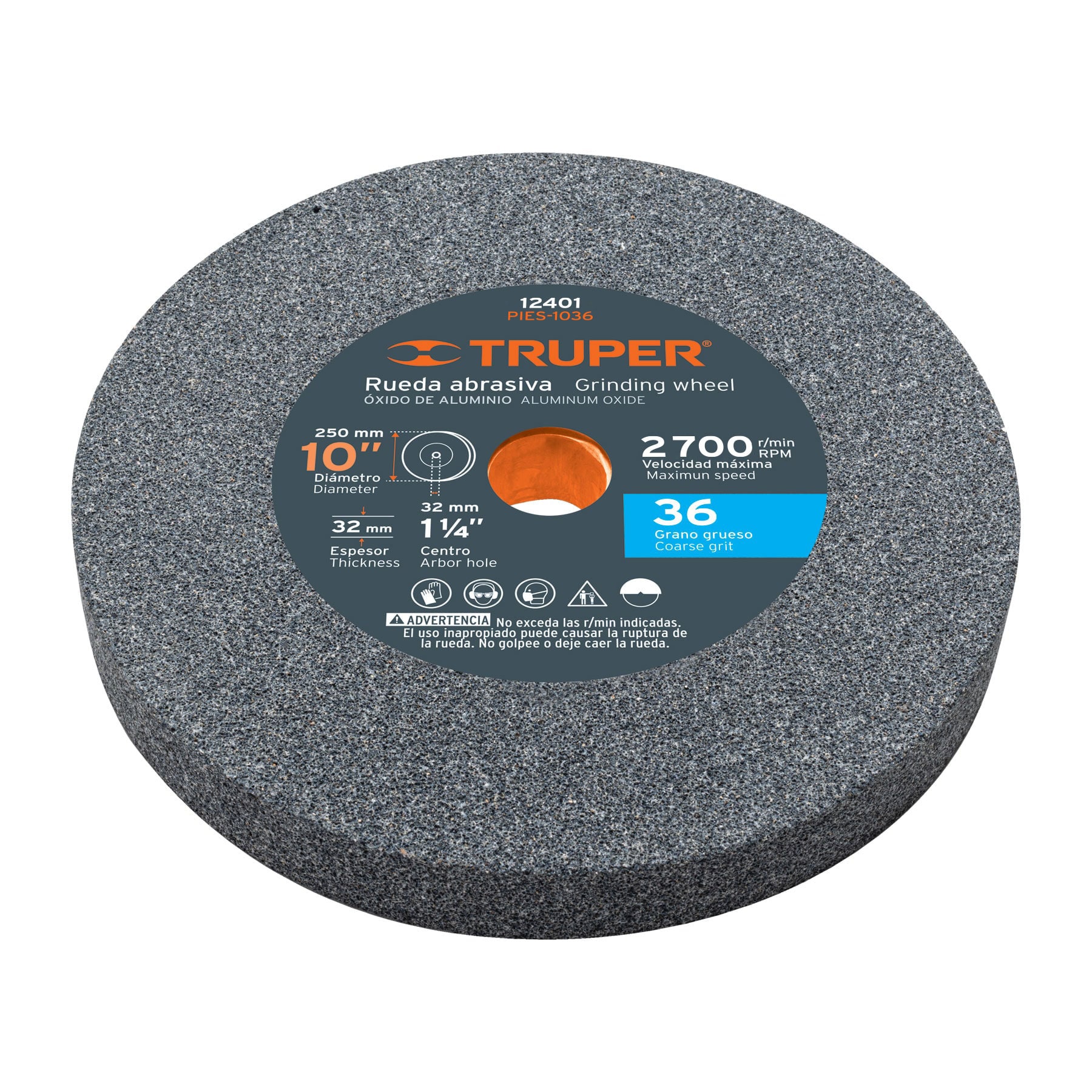 Rueda abrasiva p/esmeril 10'x32mm, óxido aluminio, grano 36