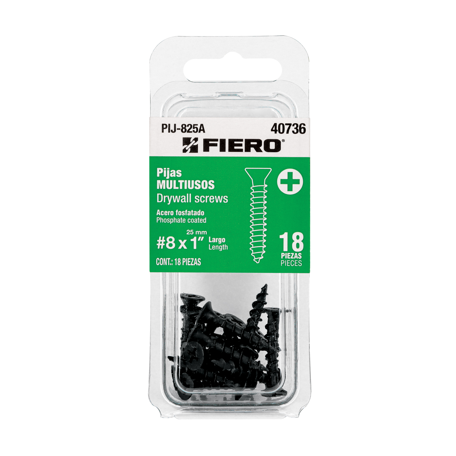 Blíster con 18 pijas multiusos, #8 x 1', FIERO
