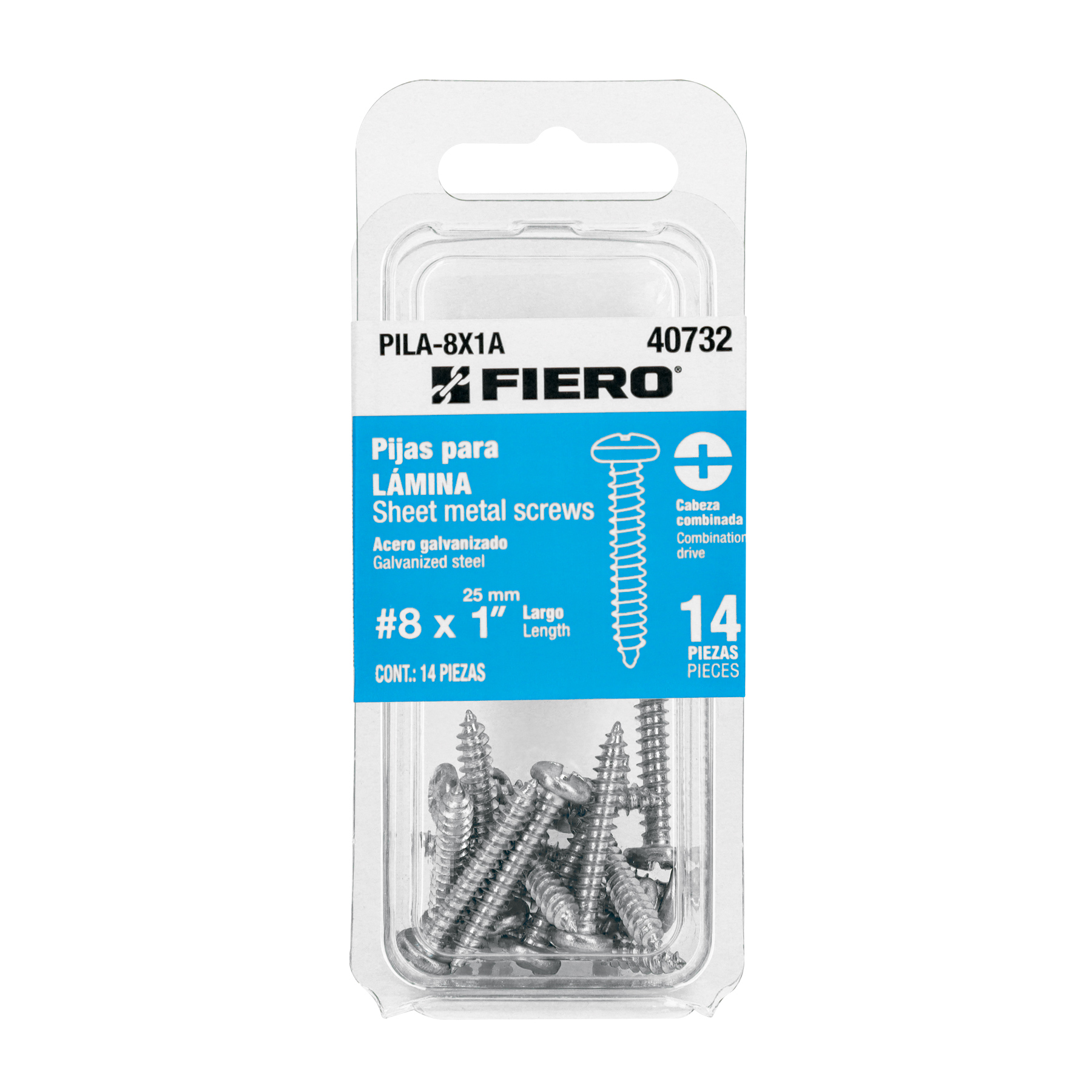 Blíster con 14 pijas para lámina, #8 x 1', FIERO