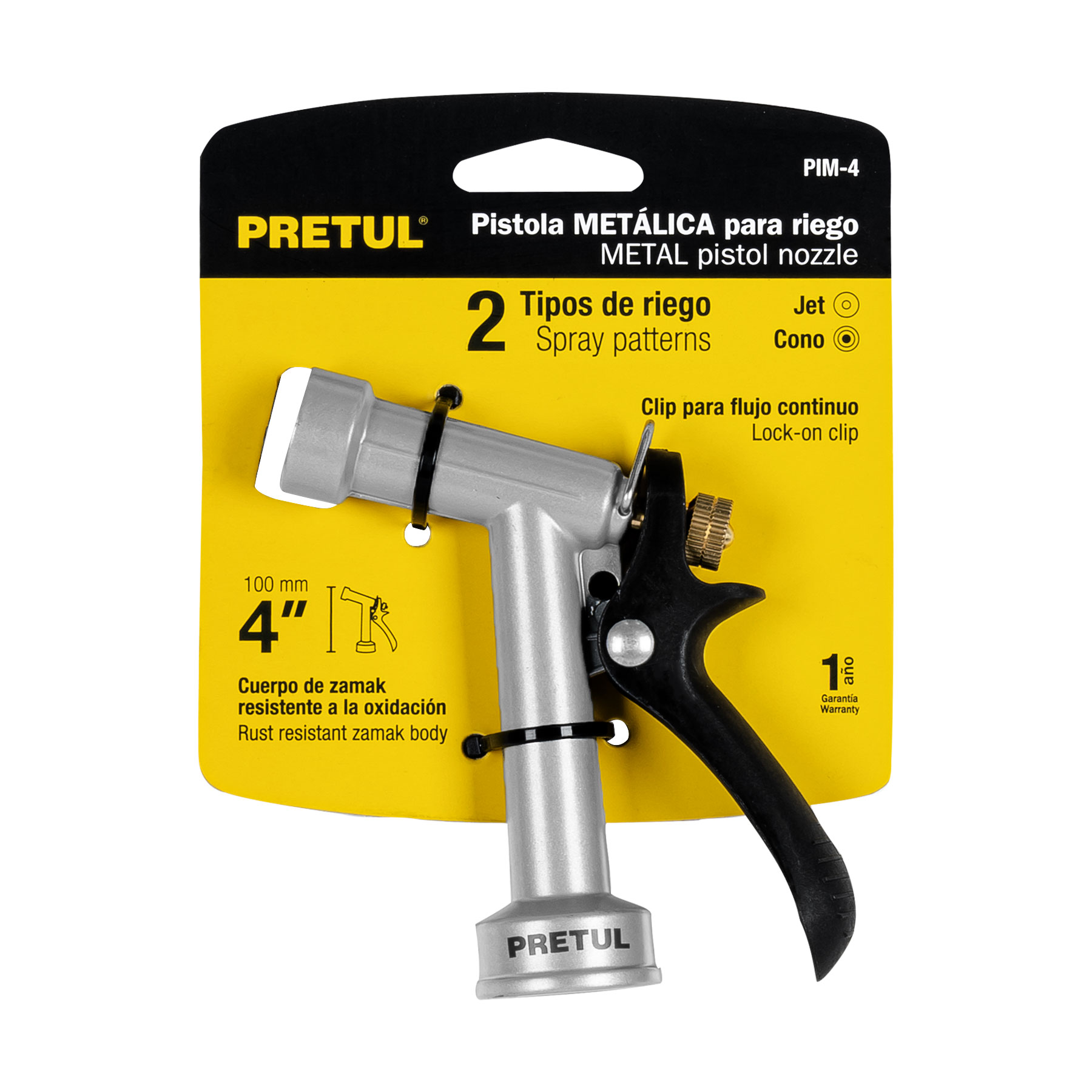 Pistola metálica para riego de 4', 2 funciones, PRETUL - Imagen 3