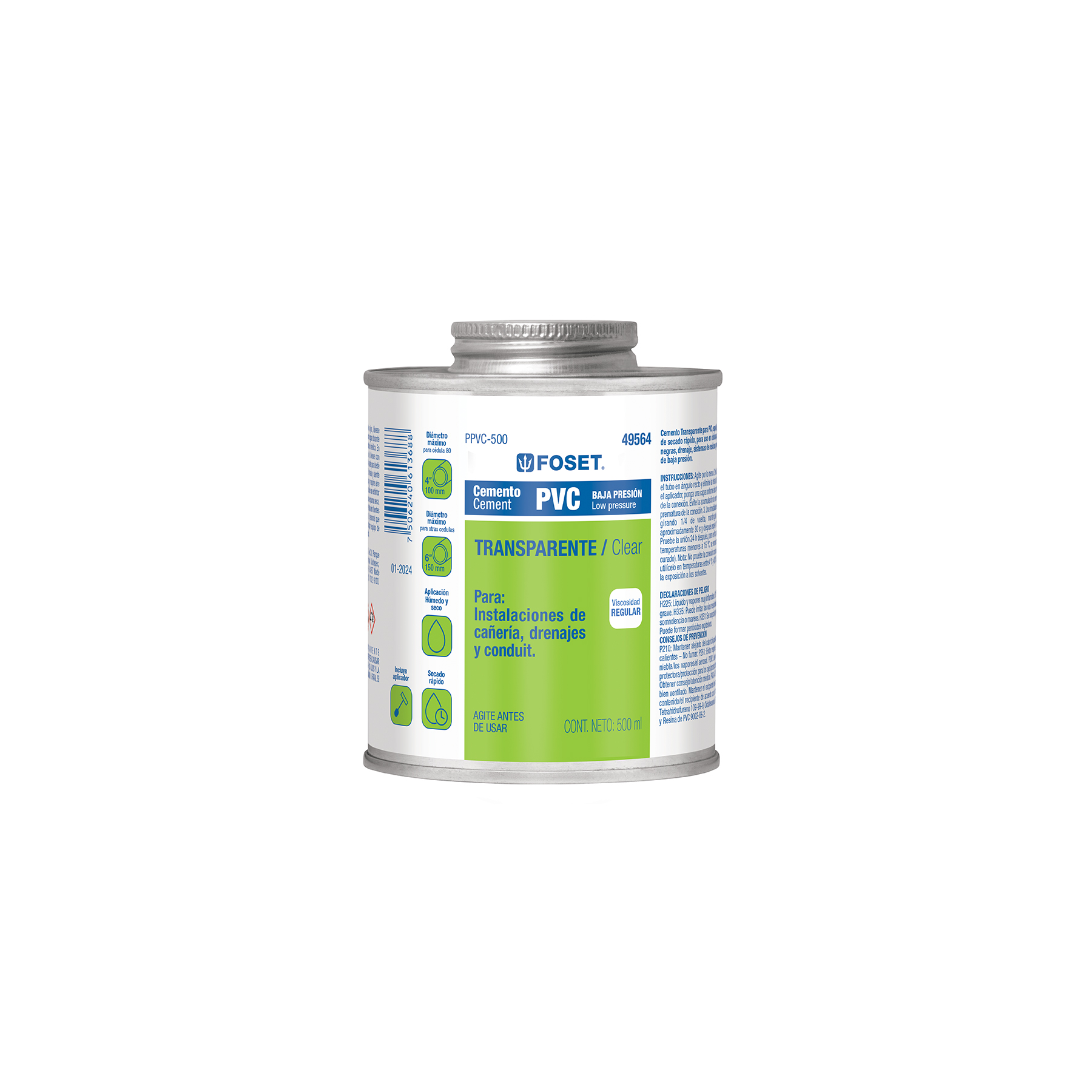 Cemento p/PVC, transparente, baja presión, lata 500ml, FOSET