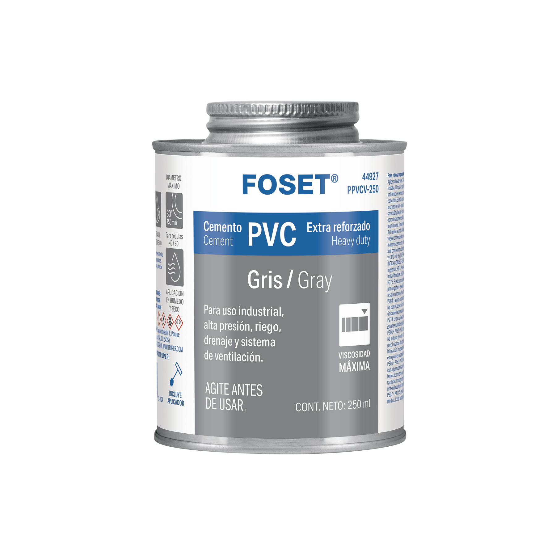 Cemento p/PVC, gris, máxima viscosidad, lata 250ml, FOSET