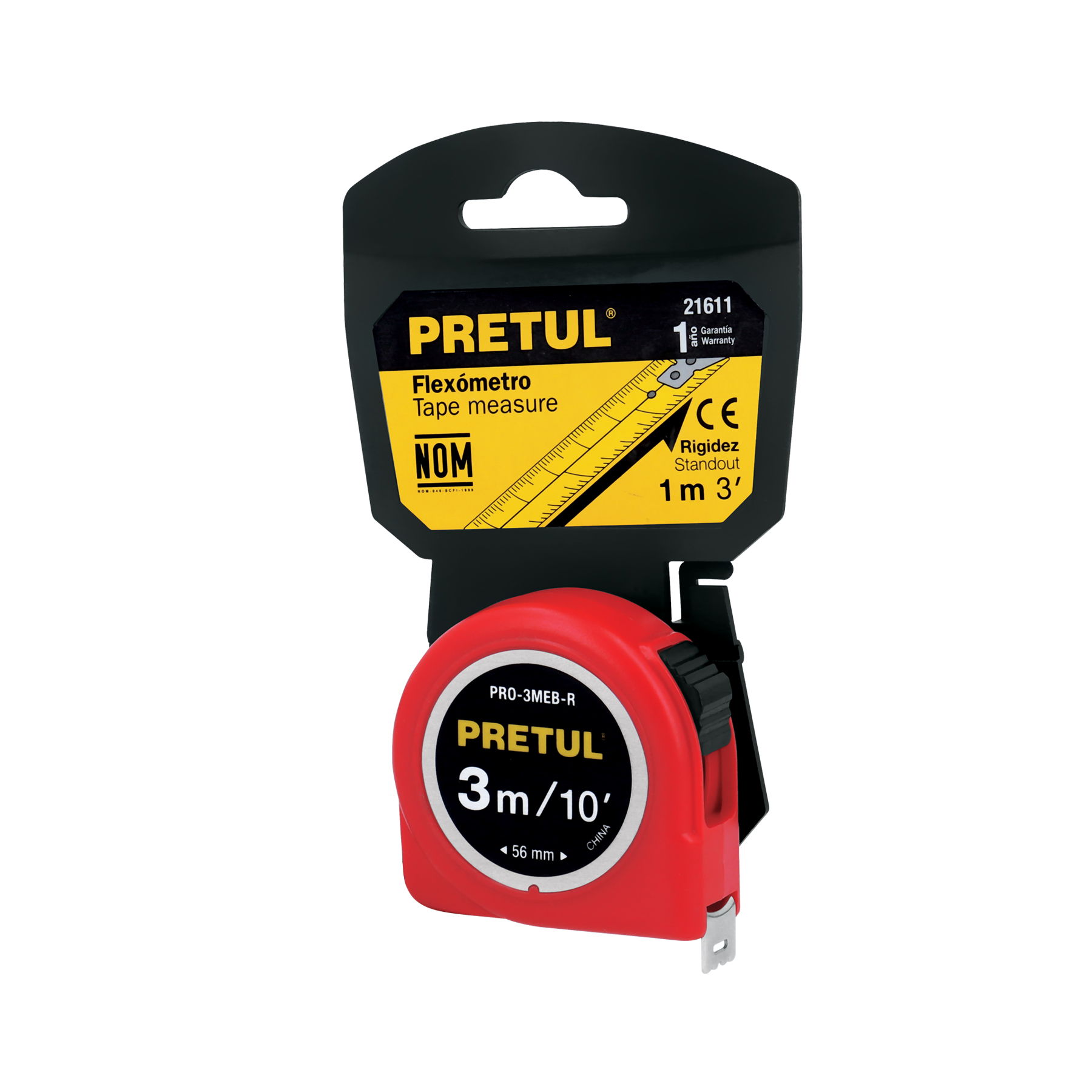 Flexómetro rojo 3 m cinta 13 mm, en tarjeta, PRETUL