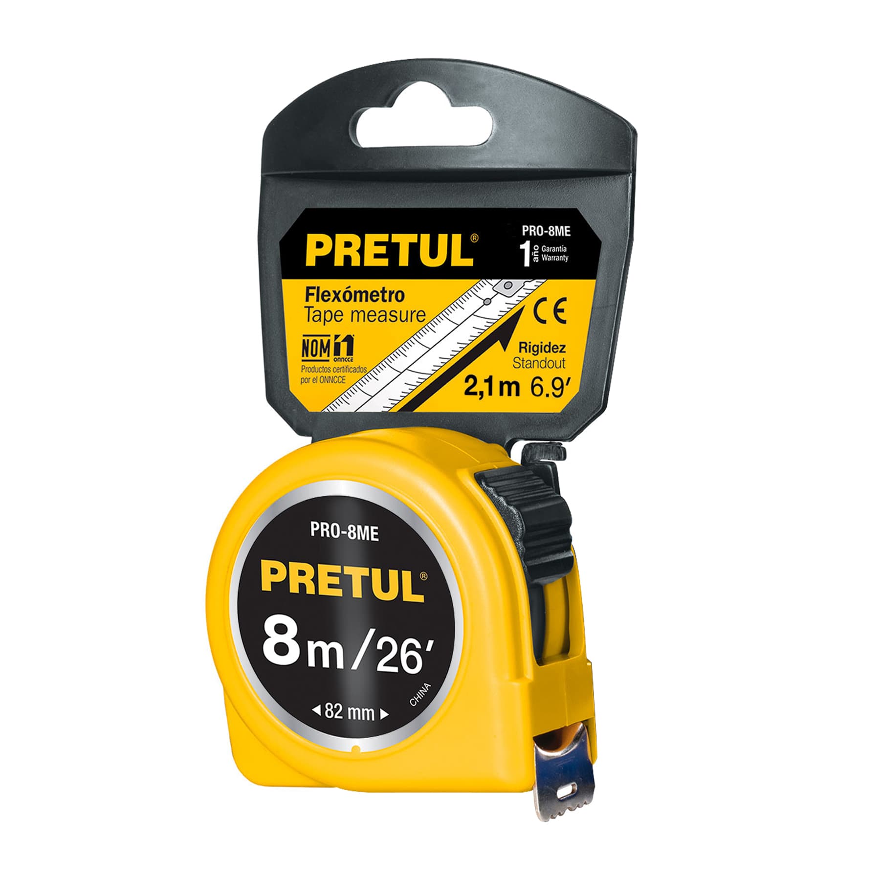 Flexómetro amarillo 8 m cinta 25 mm, en tarjeta, PRETUL