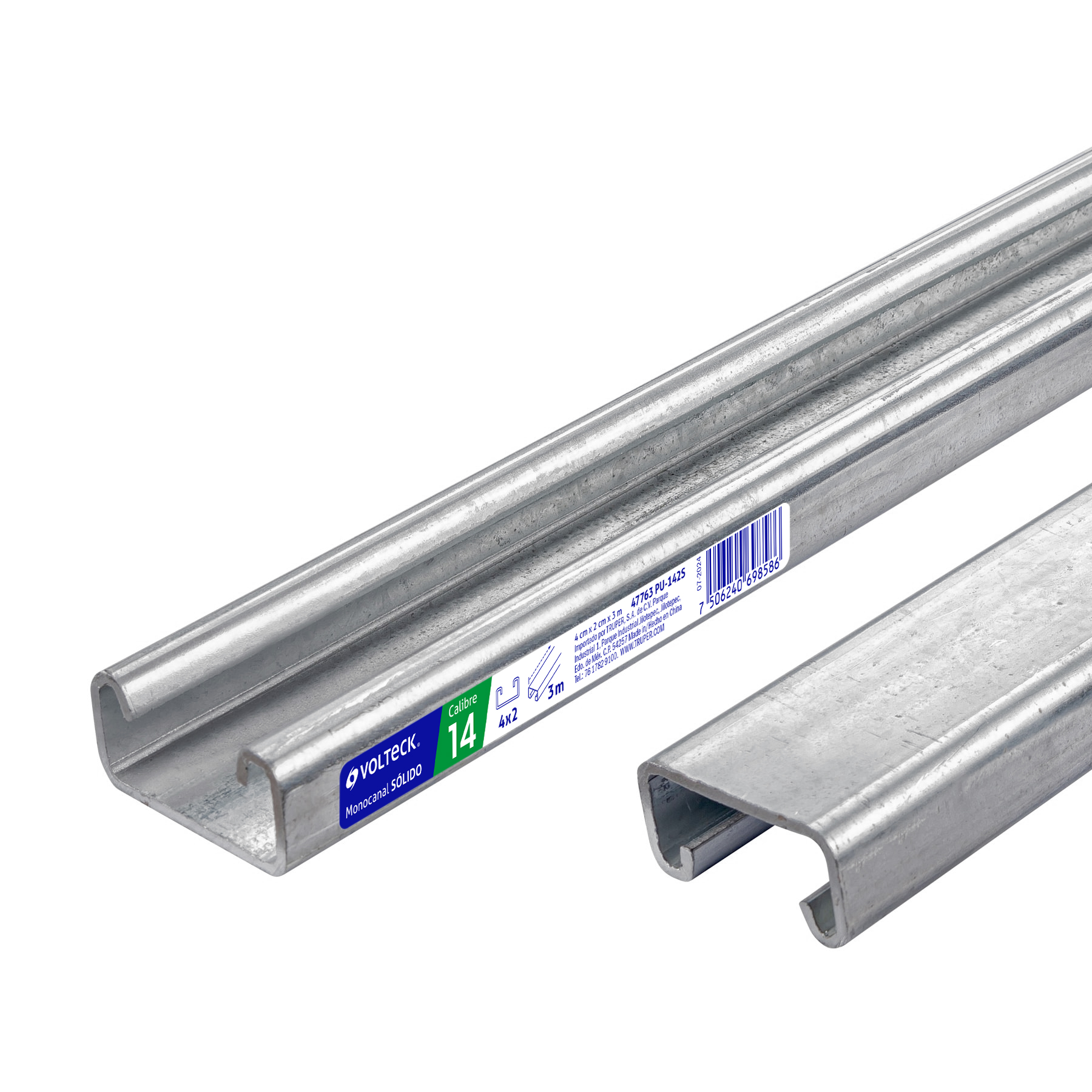 Perfil monocanal sólido de 3 m, 4 x 2 cm cal. 14, VOLTECK