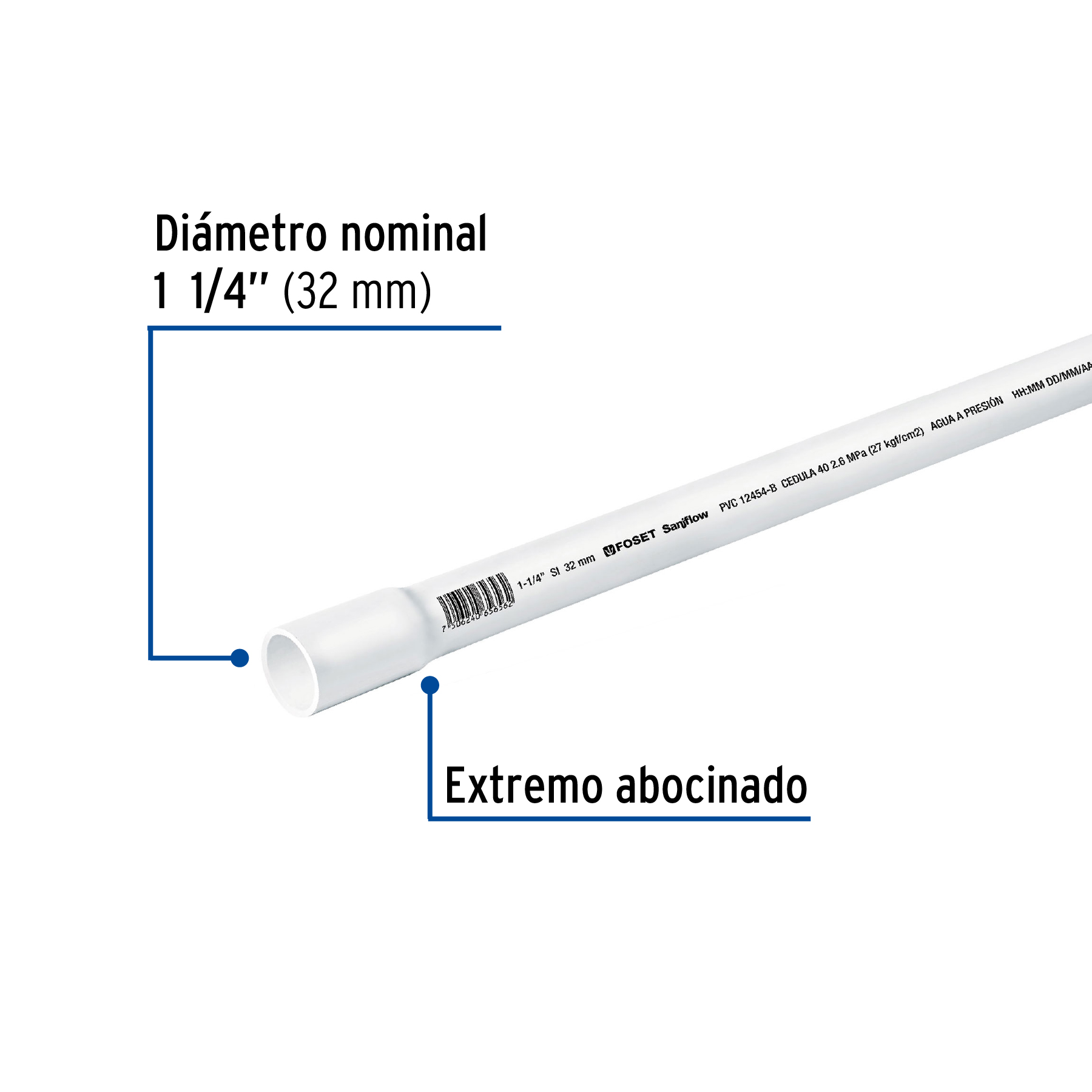 Tubo de 1-1/4' PVC hidráulico cédula 40, 3m, 1.9kg, FOSET - Imagen 2