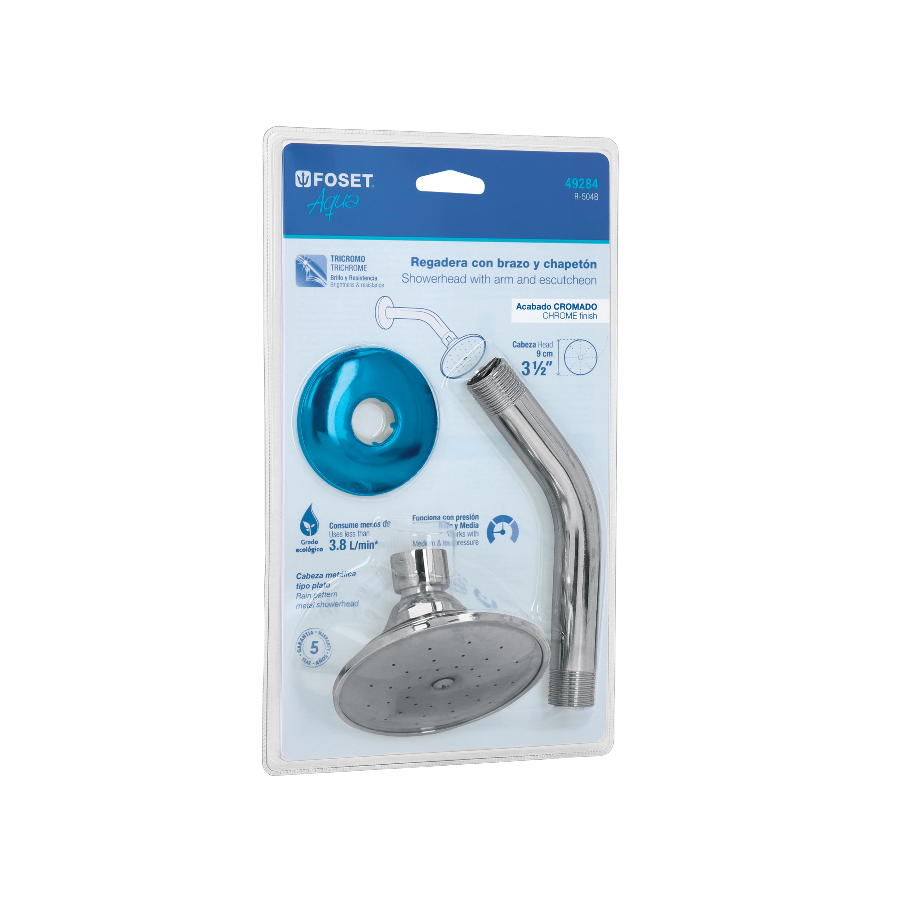 Regadera redonda 3-1/2', metálica,brazo y chapetón, blister