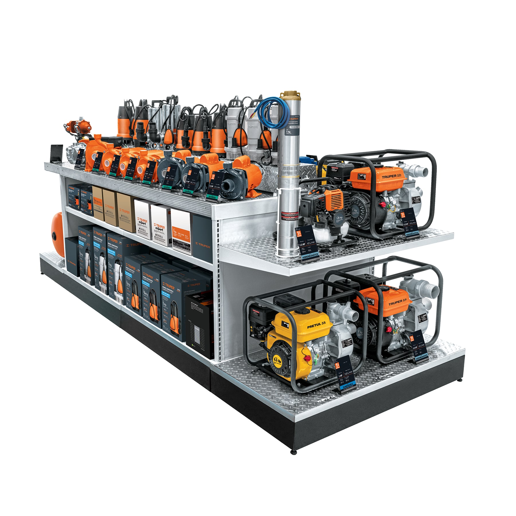 Mueble exhibidor con bombas de agua