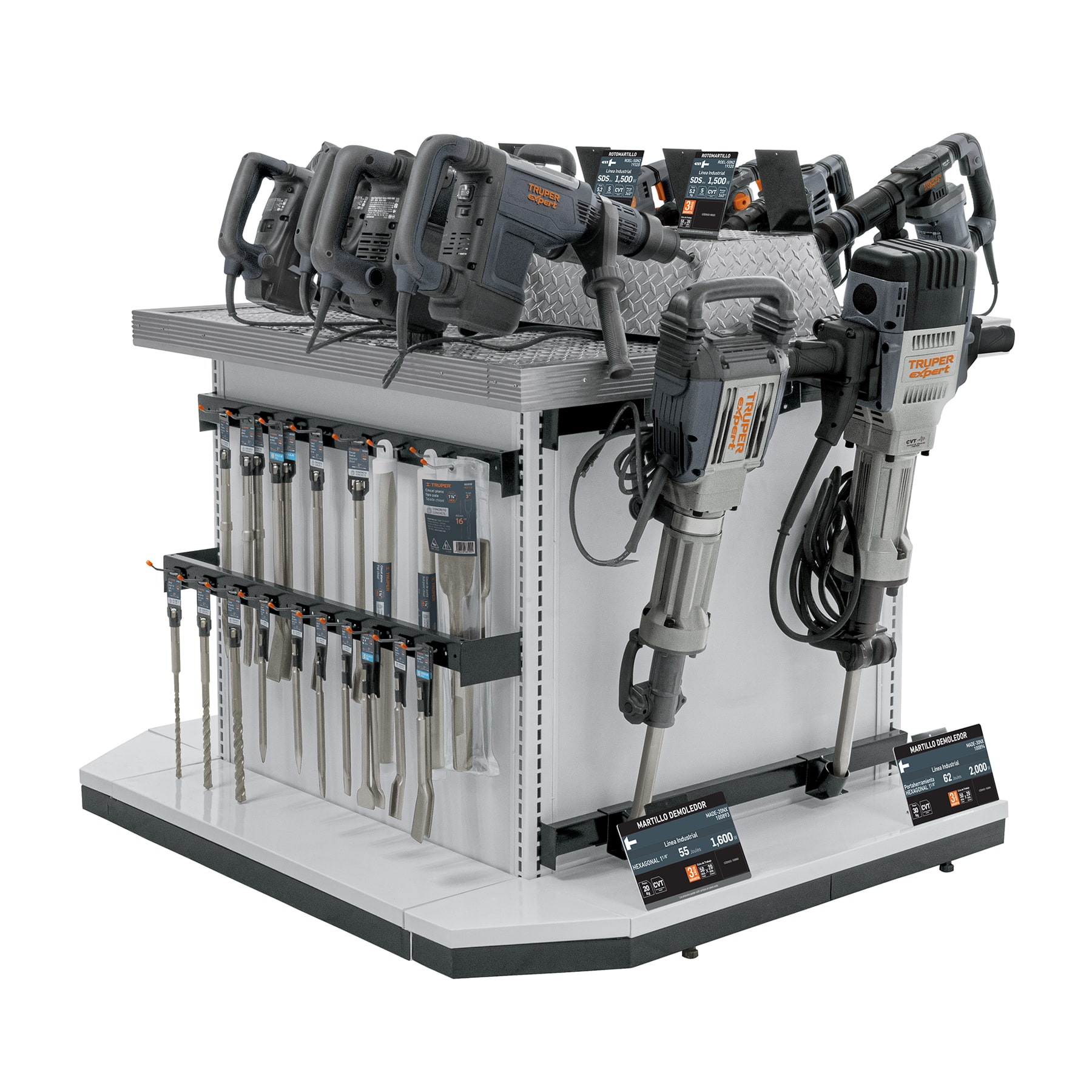 Mueble exhibidor con herramientas de demolición