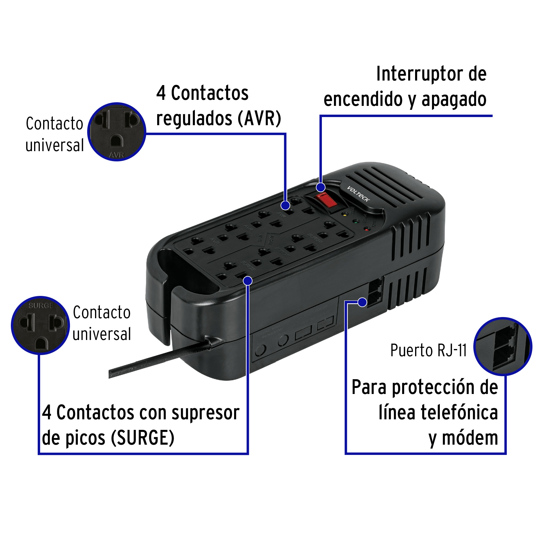 Regulador de voltaje de 1600 VA / 800 W 8 contactos, Volteck - Imagen 2