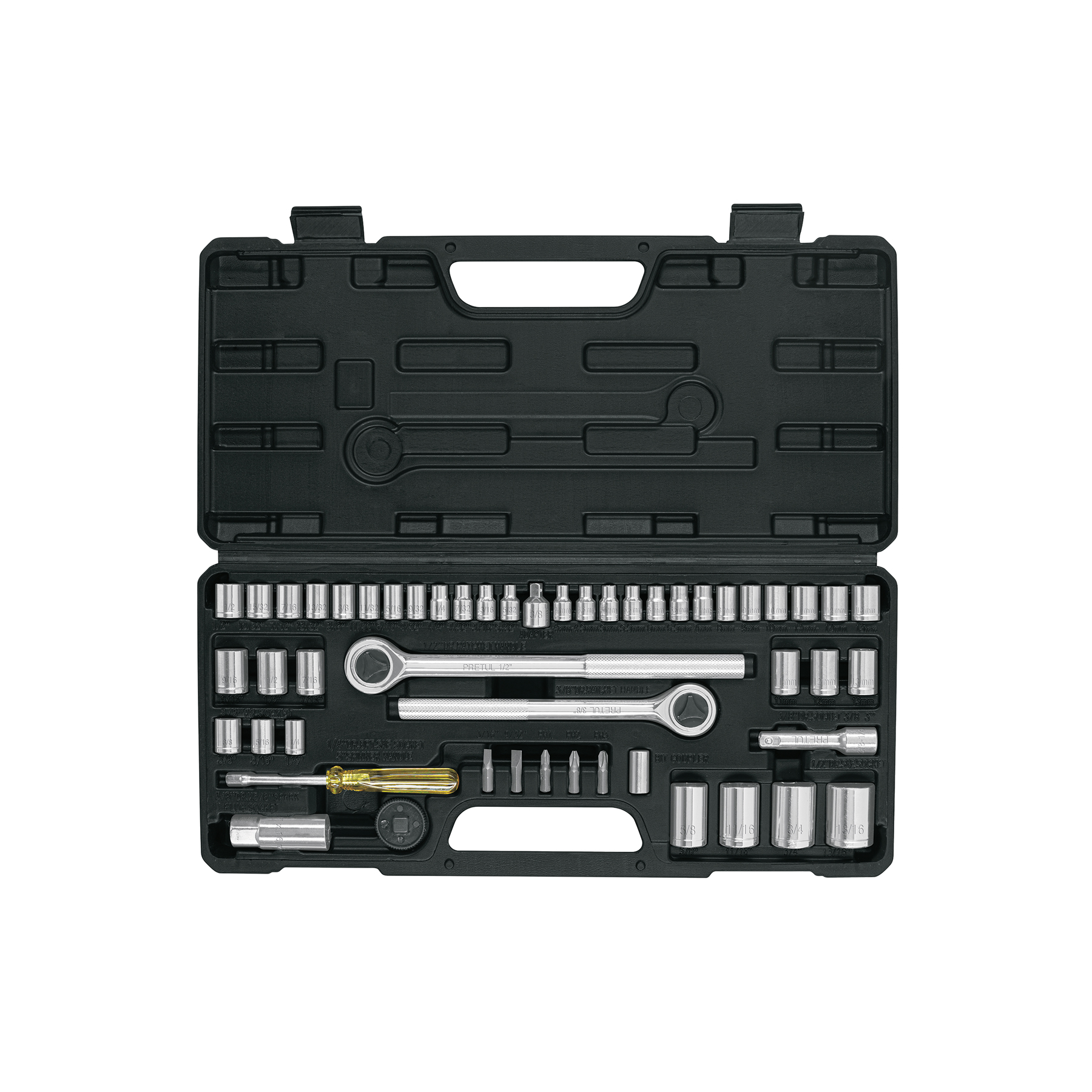 Juego 51 herramientas 1/4', 3/8' y 1/2' p/mecánico, Pretul
