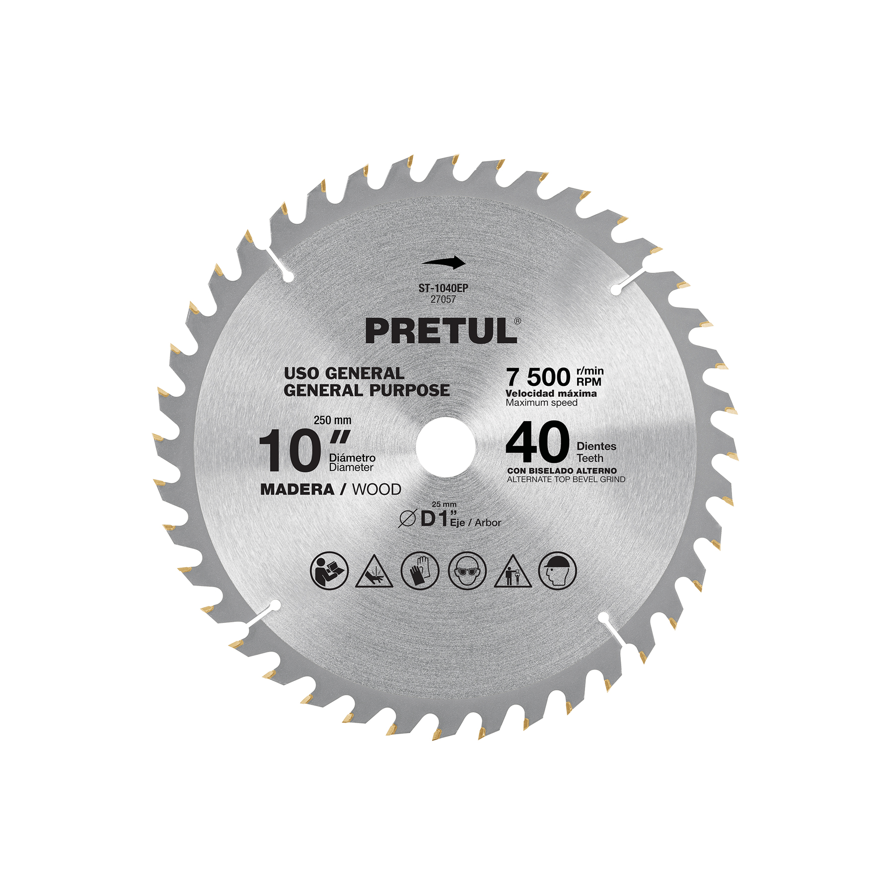 Disco sierra 10' para madera, 40 dientes centro 1', Pretul