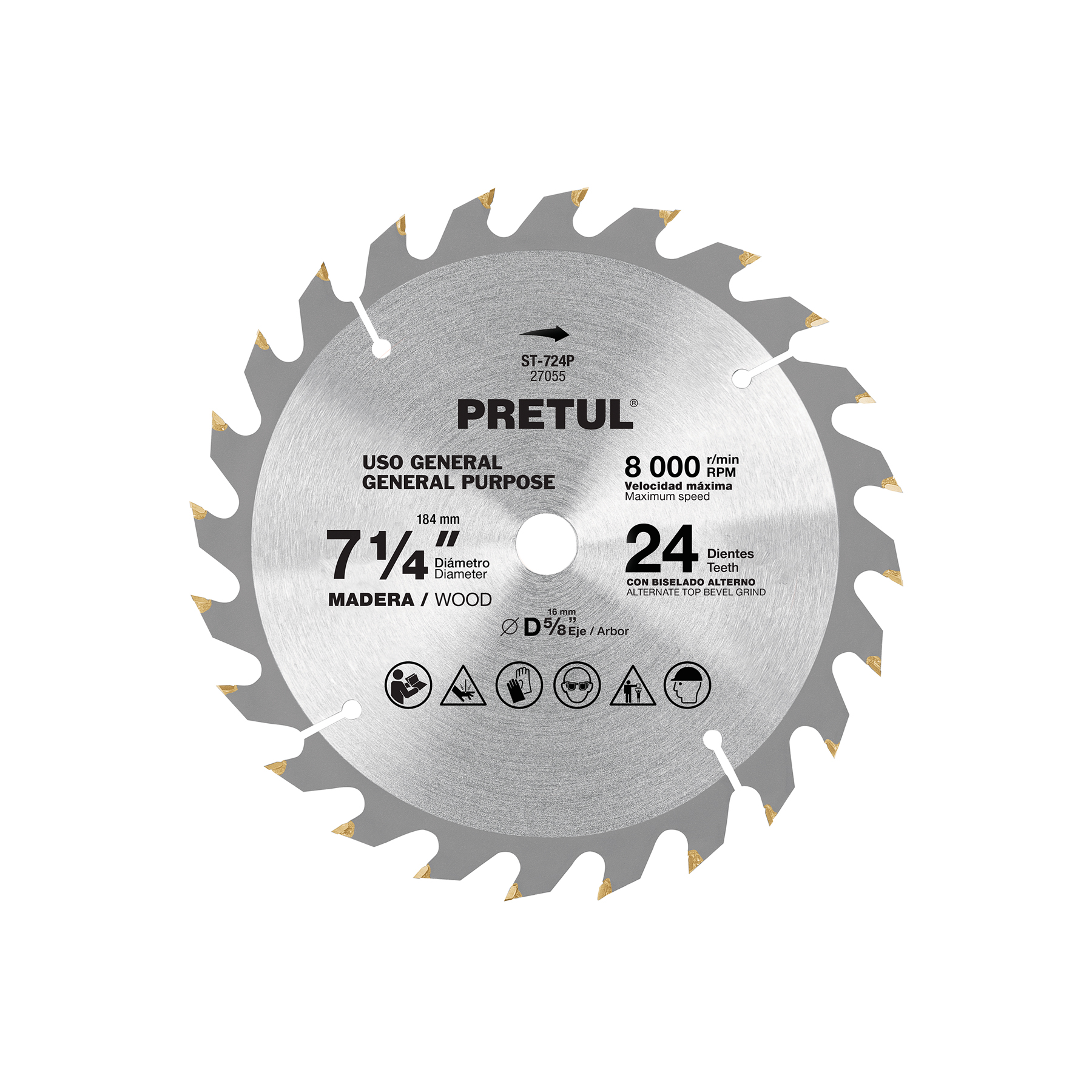 Disco sierra 7-1/4' p/madera, 24 dientes centro 5/8', Pretul