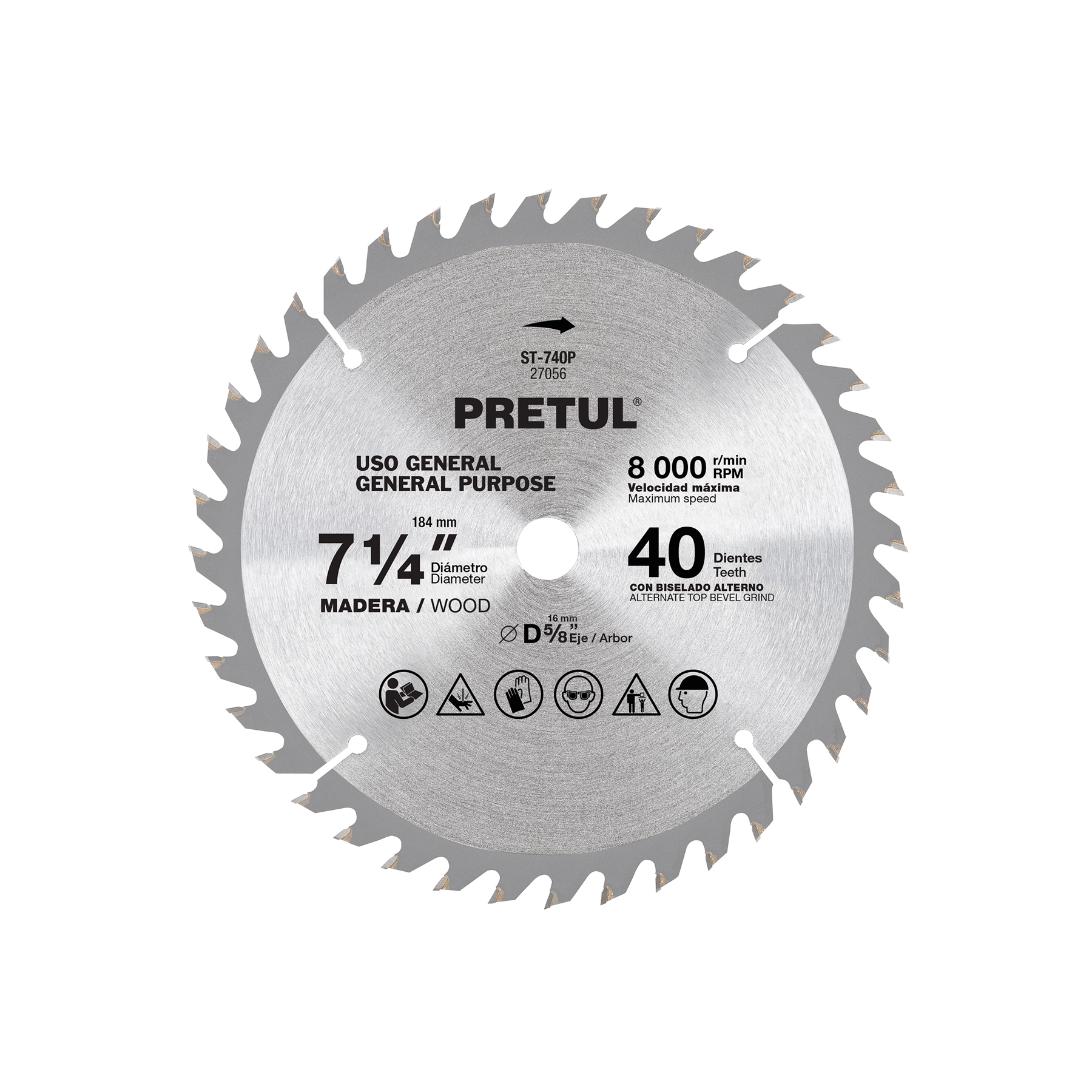 Disco sierra 7-1/4' p/madera, 40 dientes centro 5/8', Pretul