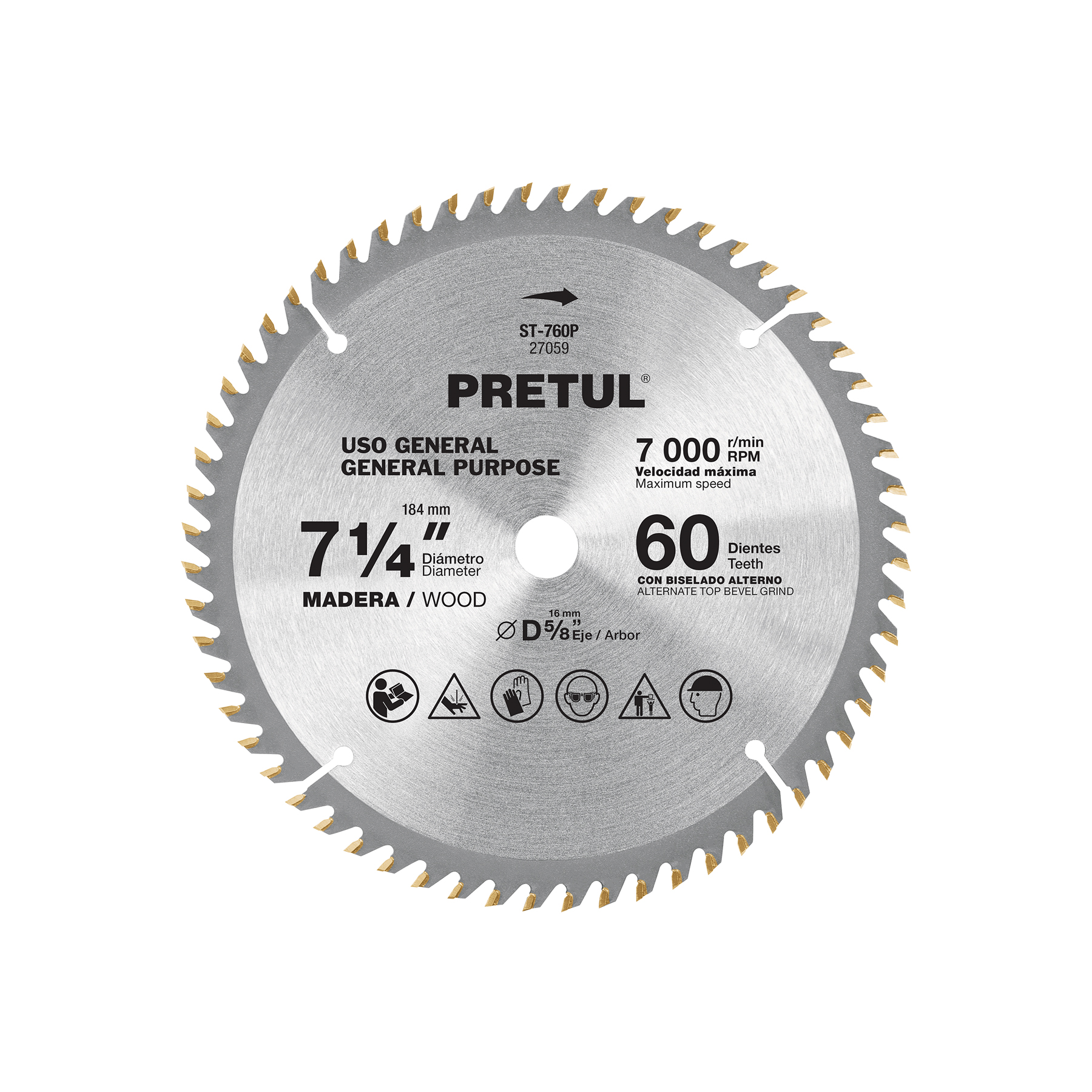 Disco sierra 7-1/4' p/madera, 60 dientes centro 5/8', Pretul