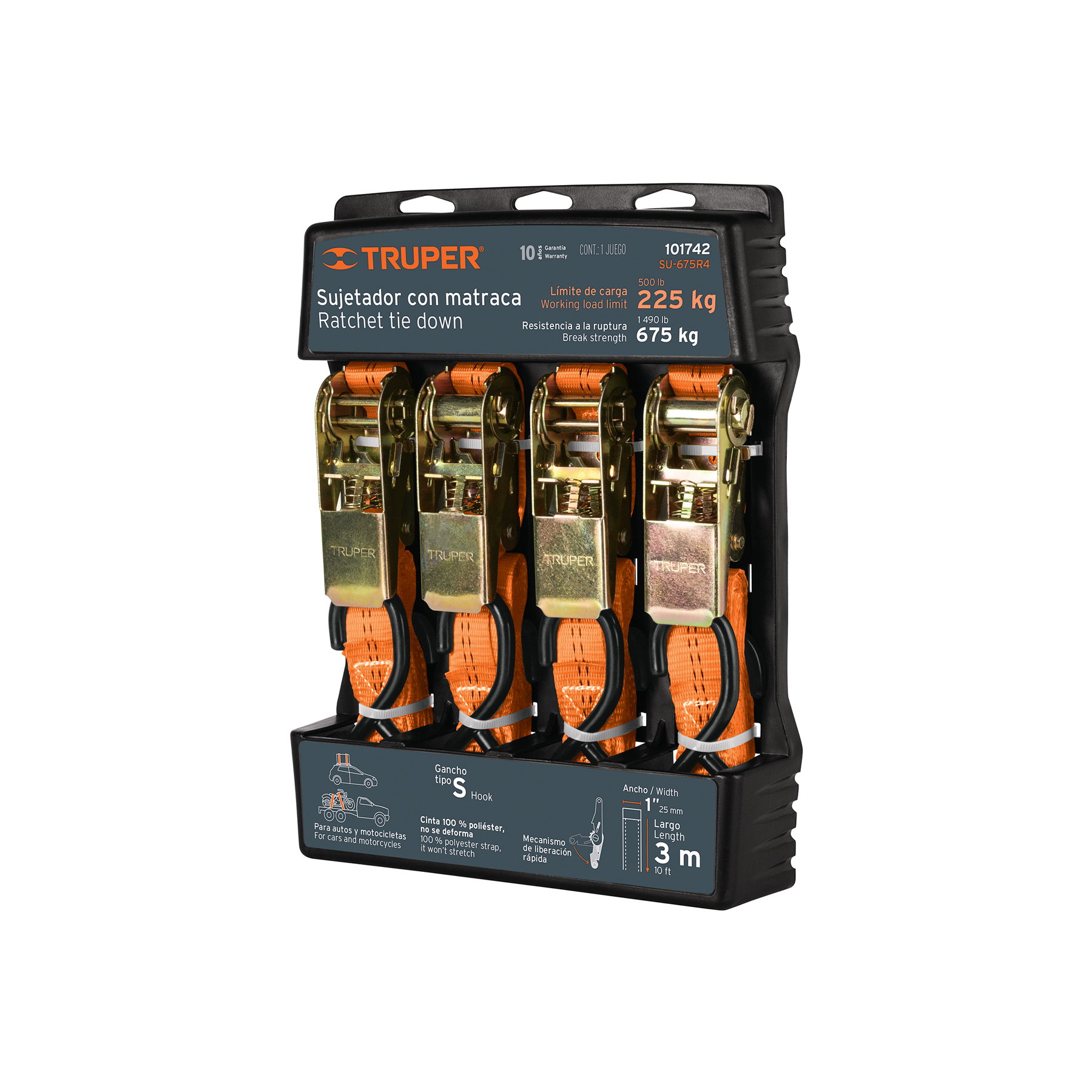 Juego de 4 sujetadores con matraca carga máxima 675 kg