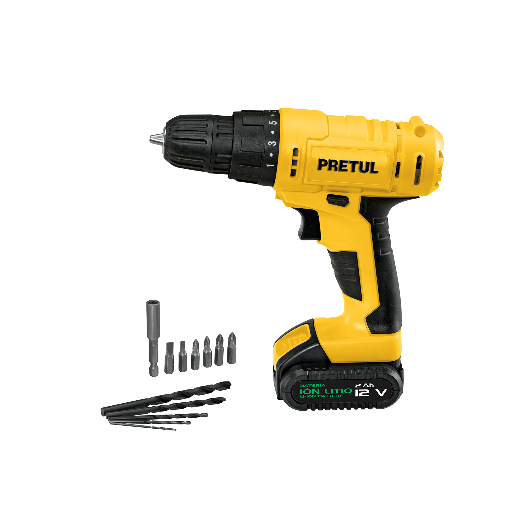 Taladro 3/8', 12V, 1 batería 2Ah, PRETUL