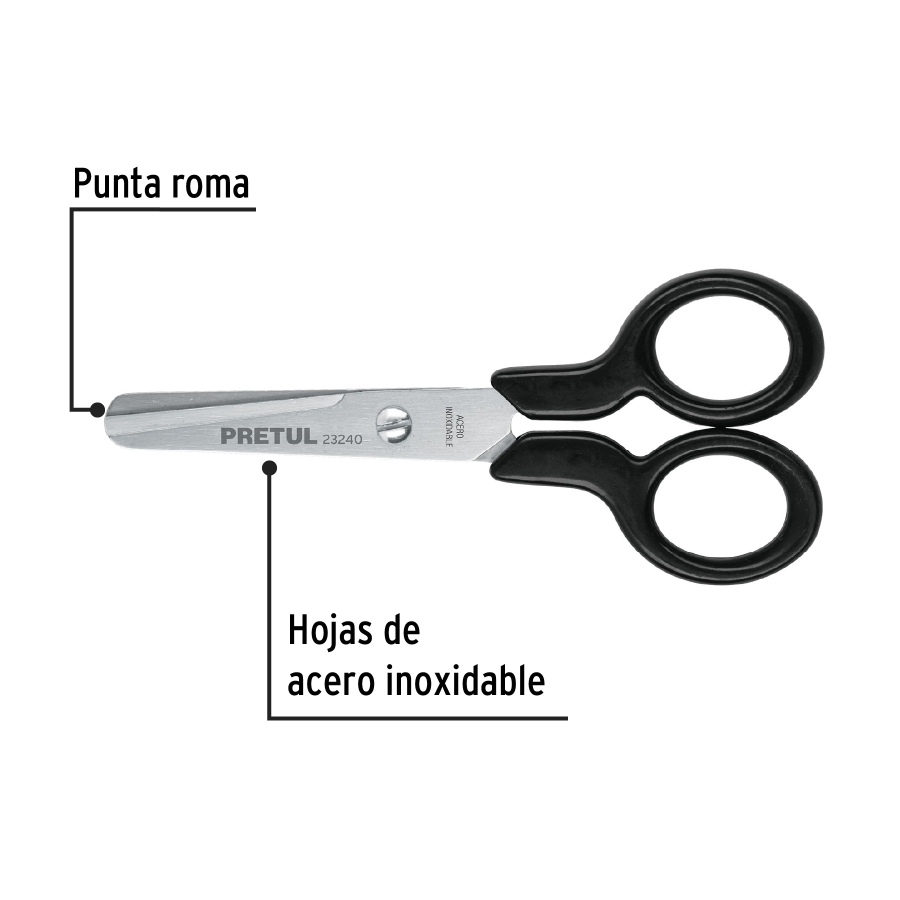 Tijera 4-1/2' de acero inoxidable punta roma escolar, PRETUL - Imagen 2