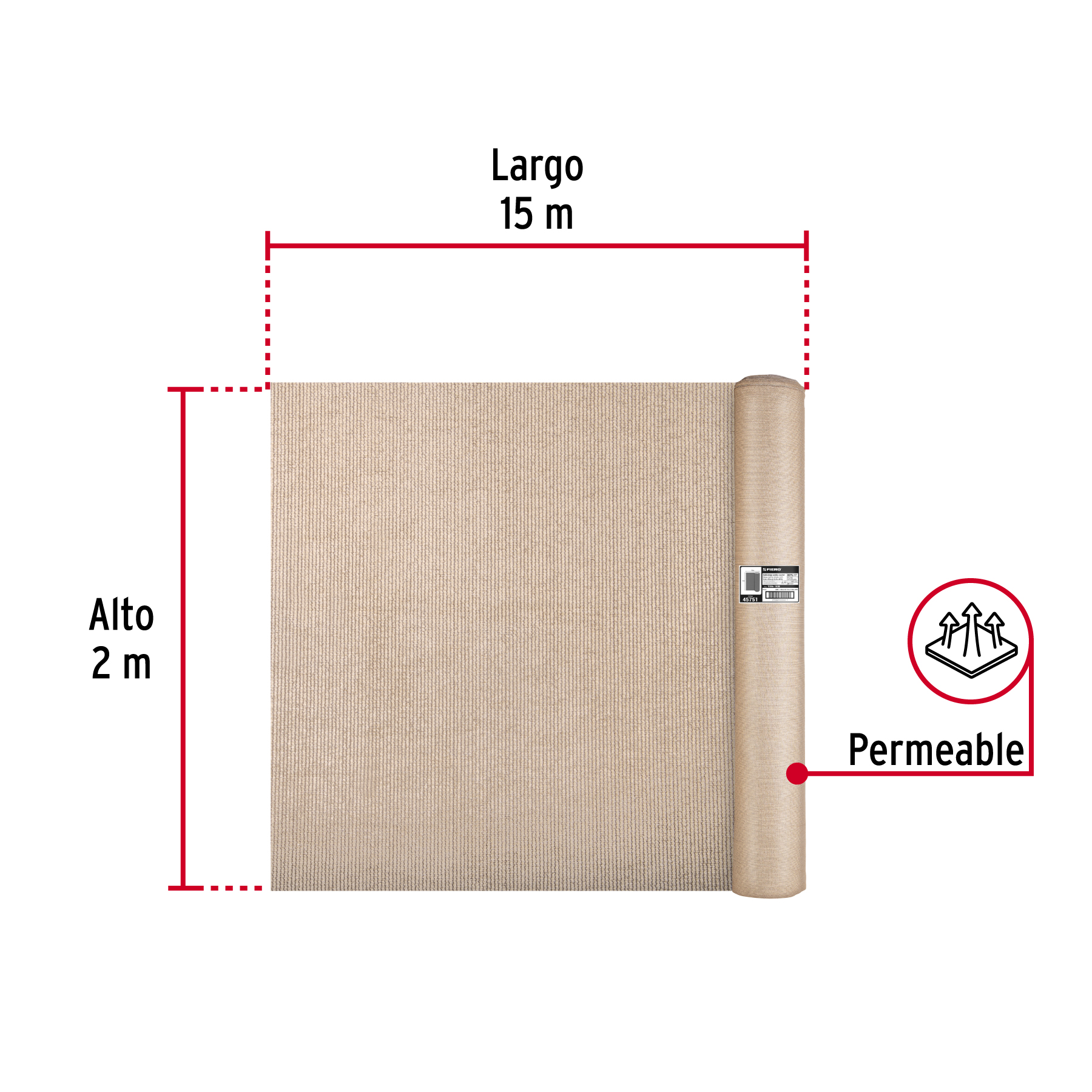Rollo de malla sombra raschel 90% de 15m x 2m, beige, FIERO - Imagen 2