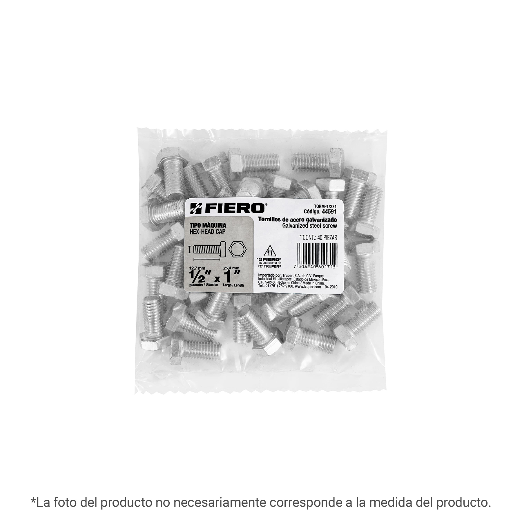 Bolsa con 8 tornillos 1/2' x 7' tipo máquina, FIERO